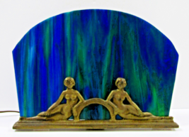 French Art Deco Figural Bronze Blue Slag Glass Table Lamp - $424.71