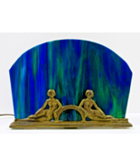 French Art Deco Figural Bronze Blue Slag Glass Table Lamp - $7,913.18 MXN