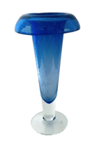 Art Glass Vase Cobalt Blue with Bubbles Clear Bottom Cased Heavy Folded Top - £17.76 GBP