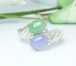 Green and Lavender Jade Ribbed Bypass Sterling Ring Size 7 - $49.00