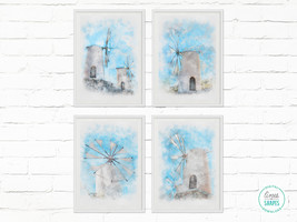 Watercolor Printable Wall Art, Set of 4 Blue Prints, Windmill Painting B... - £8.88 GBP