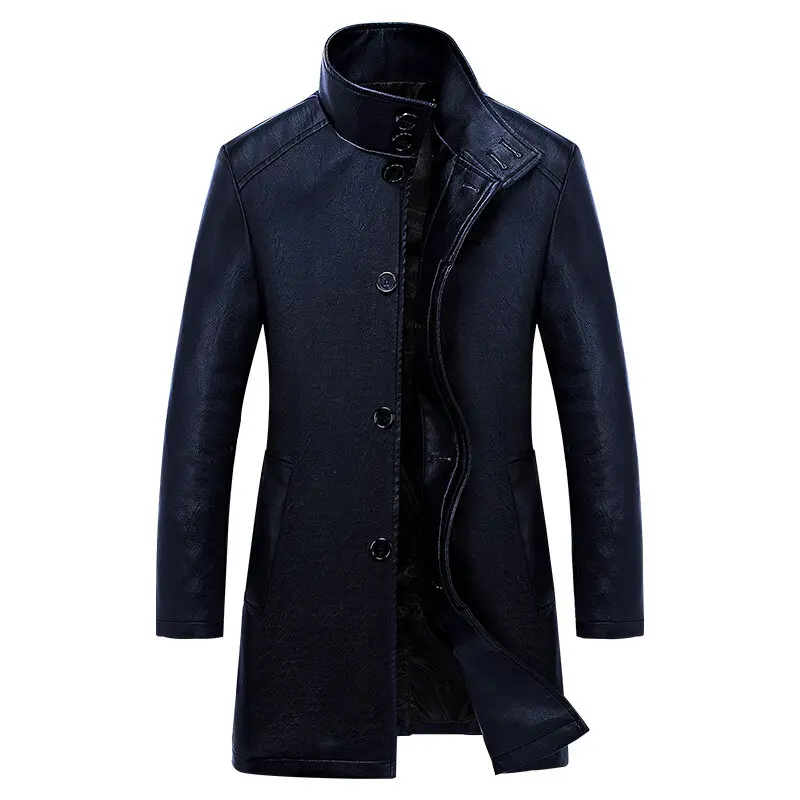  Mens Leather Jacket Long Slim Fit Jacket Fashion Solid Color Business Winter Ja - £156.07 GBP
