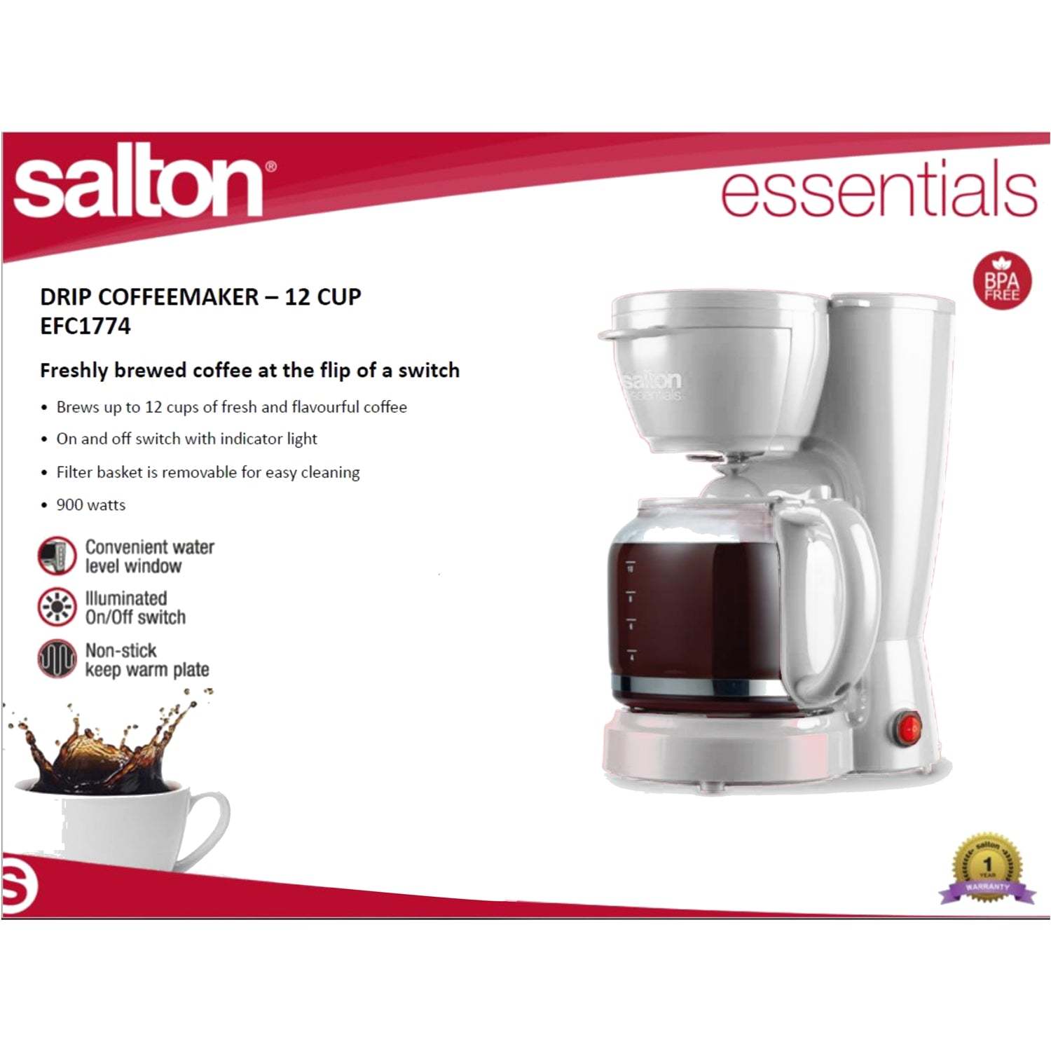Salton Essentials EFC1774 12 Cup Coffee Maker, 900 Watts, White