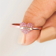Elegant 925 Sterling Silver Love Heart &quot;MOM&quot; Pink Zircon Ring - FAST SHIPPING! - £23.72 GBP