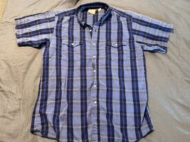 Panhandle Slim Western Shirt L Short Sleeve Blue Plaid Button Front - $18.72