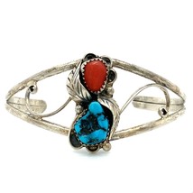 Vtg Sterling Native American Navajo Coral Turquoise Stone Cuff Bracelet 6 3/4 - £56.21 GBP