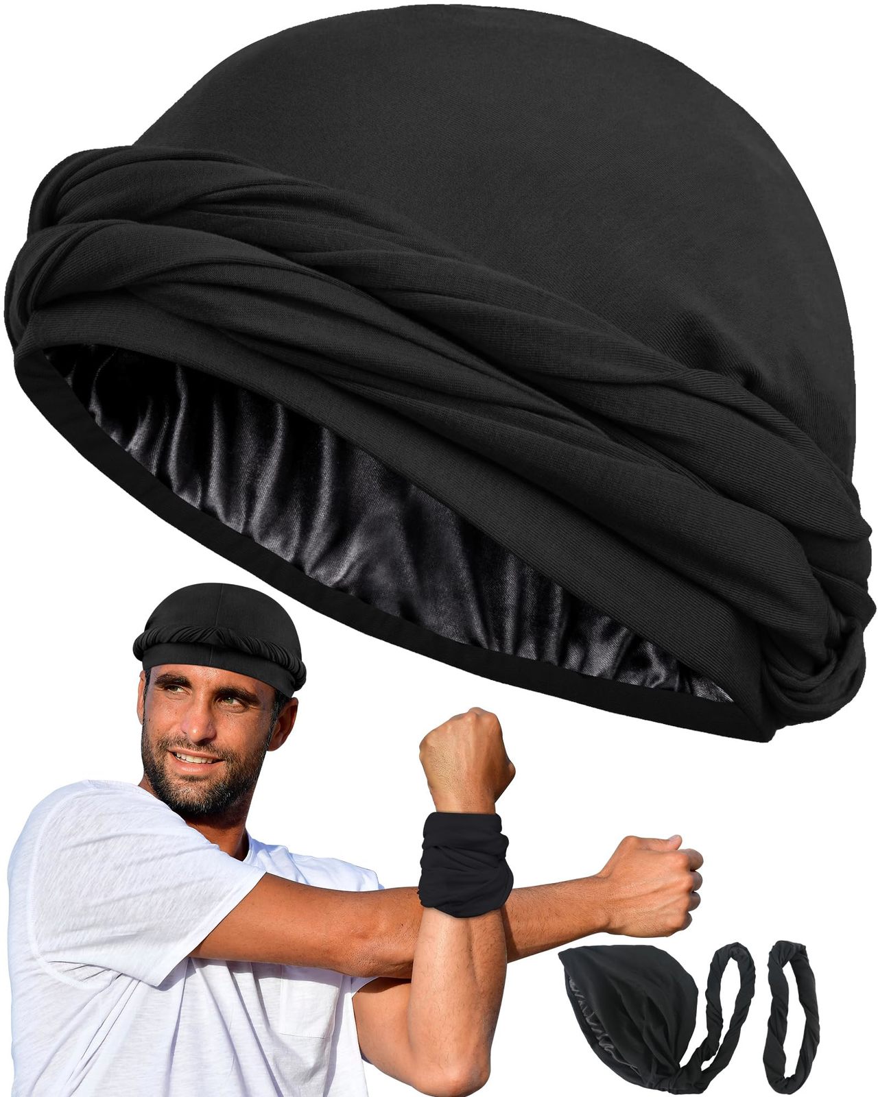 Babalet Silk Satin Lined Halo Turban Pre-Tied Skull Beanie Cap for Men Women Sl