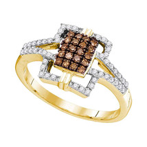 10k Yellow Gold Womens Round Brown Color Enhanced Diamond Square Ring 1/3 - £252.82 GBP