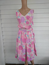 60s Floral Dress White Pink Garden Print Summer Sleeveless XS S - £42.36 GBP