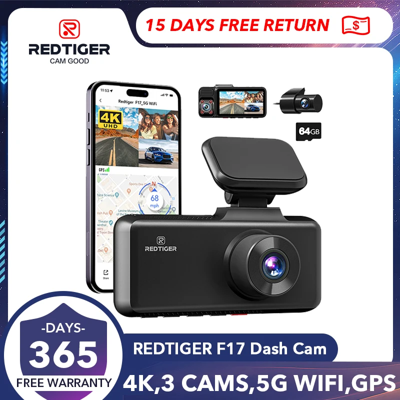 REDTIGER 3 Channel Car Camera 4k Dash Camera for IR Night Vision Car Dvr for 5G - £184.11 GBP