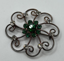 925 Sterling Silver - Vintage Green &amp; White Topaz Floral Brooch Pin 2” Pendant - $35.64