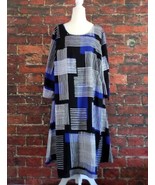 Lane Bryant Women&#39;s Lined Shift Dress 14/16 Blue Black White Mod Print - $29.78 CAD