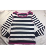 Tommy Hilfiger Blue Pink trim Striped Pullover Sweater Size L Button Acc... - $19.78