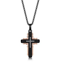 Stainless Steel Black &amp; Rose Gold CZ Cross Necklace - £45.56 GBP