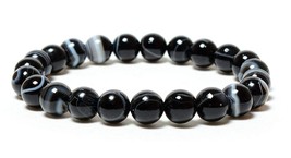 Natural Black Banded Agate Gemstone Smooth 8mm Beads Stretch Bracelet - £27.05 GBP