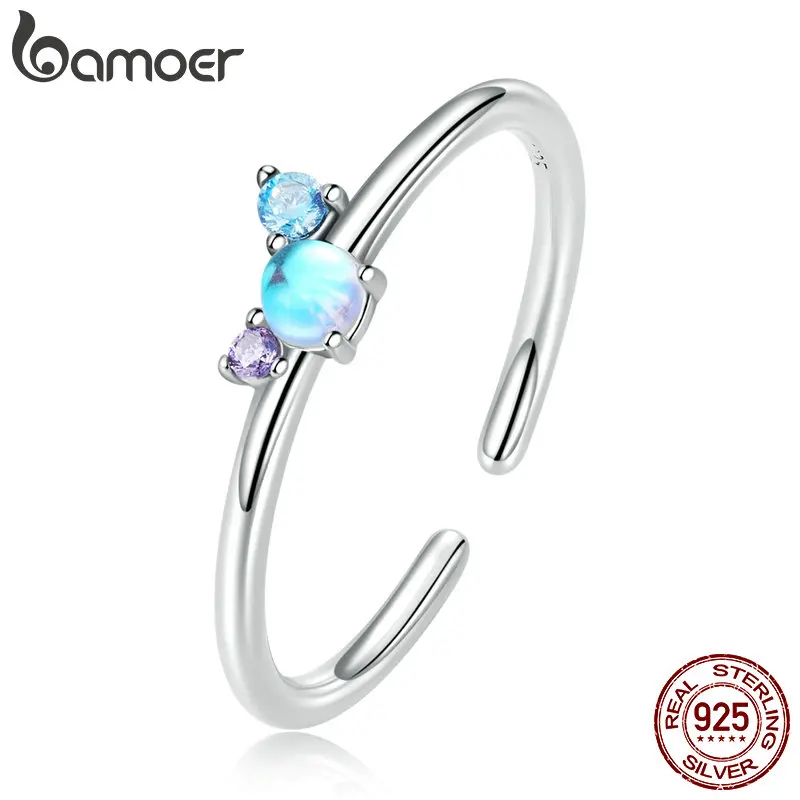 Authentic 925 Sterling Silver Colorful Moonstone Ring for Women Adjustable Simpl - £18.08 GBP