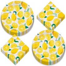 Live It Up! Party Supplies Lemon &amp; Leaves Minty Citrus Round Paper Dessert Plate - £12.22 GBP+