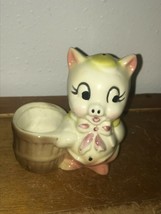 Vintage Shawnee Cute Porky Pig w Brown Basket Pottery Planter or Pencil Holder  - £11.90 GBP