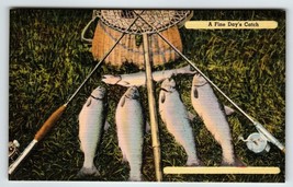 Fishing Linen Postcard A Fine Day&#39;s Catch Fish Basket Poles Net Vintage Unused - £9.83 GBP