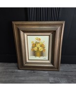 Vintage Signed Flowers Still Life Oil Painting On Board Framed Yellow an... - $91.37