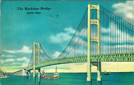 Mackinac Bridge Center Span Artist View Mackinac Michigan MI Chrome Postcard - £3.08 GBP
