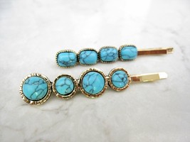 Gold metal and turquoise stone retro bohemian hair stick bobby pin - £4.66 GBP