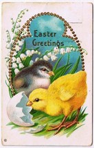 Easter Postcard Yellow Grey Chicks Embossed Postmark 1914 Hamilton Water... - $2.15