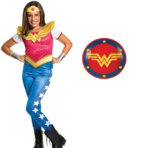 Girls Wonder Woman DC Comics 6 Pc Jumpsuit Tiara Shield Halloween Costume-sz 4/6 - £19.57 GBP
