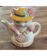 Vtg Albert E Price Lady Cat Basket Flowers Hat Pastel Ceramic Teapot Tea... - $18.00