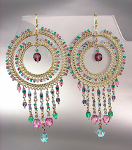 STUNNING Light Pastel Multicolor Crystals Gold Chandelier Earrings Gypsy Boho - $36.99