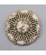 Cream Matrix Brooch Pin Gold Stone Glitter Cabs Round Open Work Gold Ton... - $40.68 CAD