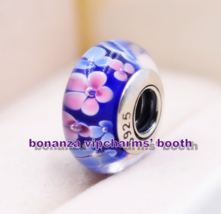 925 Sterling Silver Handmade Bead Lampwork Blue Flowers  Murano Glass Charm - $120.54 MXN