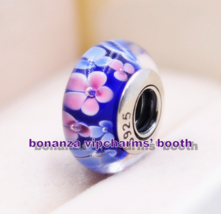 925 Sterling Silver Handmade Bead Lampwork Blue Flowers  Murano Glass Charm - $4.20