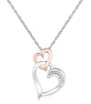 Necklace, Sterling Silver Dual Cascading Hearts w Pave Diamonds, 18in, womens - £63.73 GBP