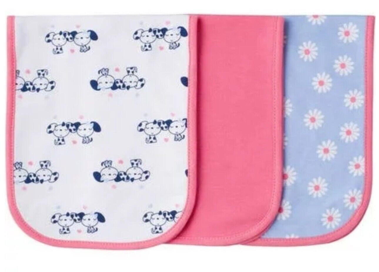 Gerber Terry Lined Burp Cloths, Baby Girl, Dogs, Flowers, Solid, Qty 3 - £9.44 GBP