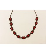 Red Marquise Choker Necklace Antique Copper Ornate Scroll Metal Rhinestone  - $40.00