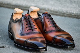 Handmade Men&#39;s Brown Leather Oxford Chiseled Cap Toe Lace up Formal Dress Shoes - £101.60 GBP