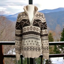 Lauren Ralph Lauren Fair Isle Sweater L Womens Cotton Quarter Zip HEAVY Knit - £66.18 GBP