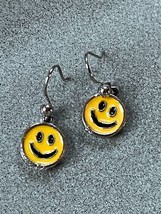 Small Yellow &amp; Black Enamel Smiley Face Silvertone Dangle Earrings for Pierced - £6.12 GBP