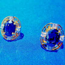 Earth mined Sapphire Diamond Deco Design Earrings Button Studs 14k Solid... - £1,502.79 GBP
