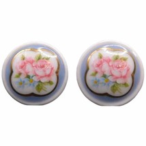 Vintage Ceramic Earrings Floral Designs Gold Tone Finish White Background Lovely - £7.80 GBP