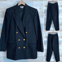 Talbots Wool Double Breasted Power Pant Suit Gray Gold Buttons VTG USA Womens 12 - £66.67 GBP