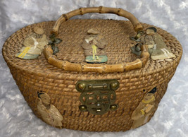 Vintage Wicker And Bamboo Chinese Tea Basket Made In Hong Kong Material Figures - £186.41 GBP
