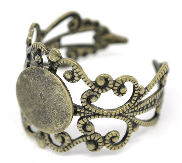 2 Ring Blanks Blank Rings Antiqued Bronze Adjustable Filigree Band - $3.10