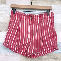 American Eagle Linen Striped Paperbag Shorts Red White High Rise Cuffed ... - $19.79