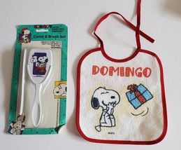 Vintage Peanuts Snoopy baby lot - NIP Danara comb brush set + 2 baby bibs - £13.13 GBP