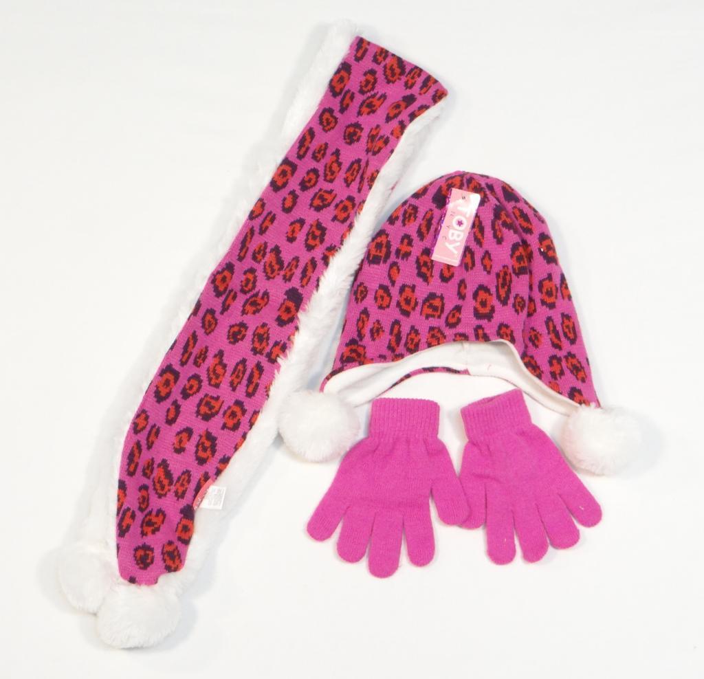 Toby NYC Pink Leopard Print Knit & Faux Fur Hat Gloves & Scarf Youth Girls 4-14 - $25.98
