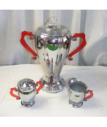 Vintage Labelle Coffee Stainless Peculator w Creamer Sugar Bowl Red Handles - €45,59 EUR