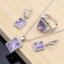 Purple Zircon Silver 925 Jewelry Sets For Women Wedding Bridal Jewelry Bracelet  - £23.78 GBP