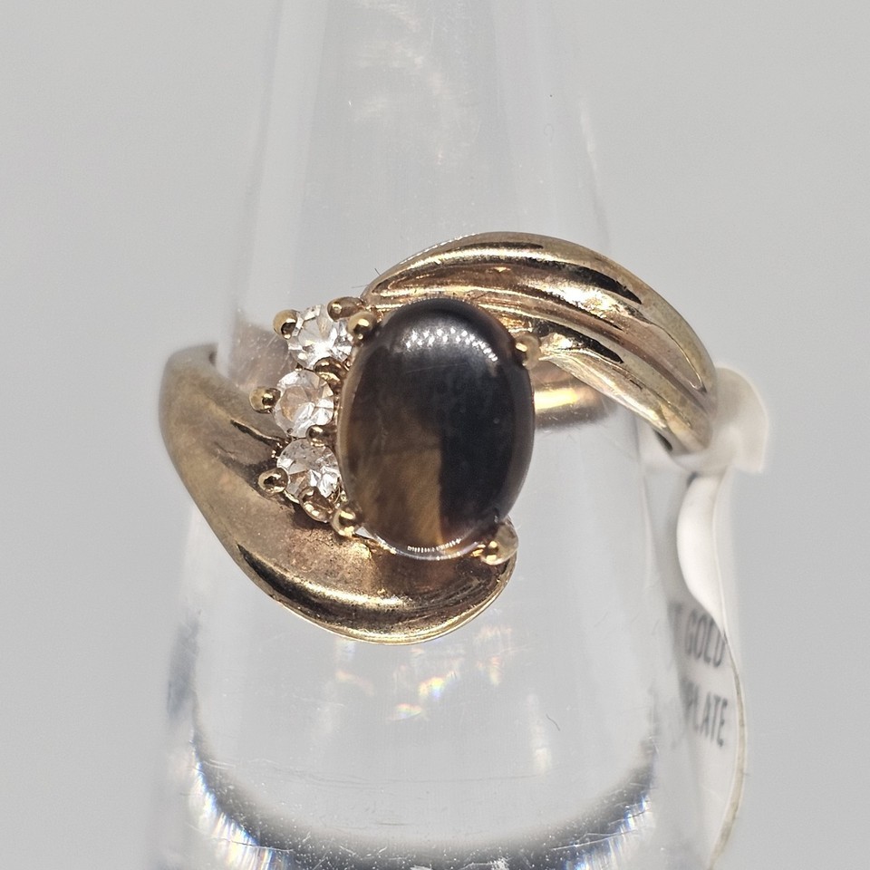 Vtg Tigers Eye Bypass Cocktail Ring 18k Gold Plated CZ Accent Size 5 - $29.99
